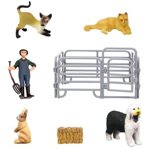 Фигурки животных серии "На ферме"2 кошки, собака, кролик, фермер, ограждение (набор из 8 предметов)