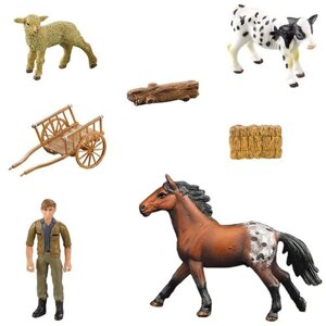 Фигурки животных серии "На ферме"Лошадь, овца, теленок, фермер, телега (набор из 7 предметов)