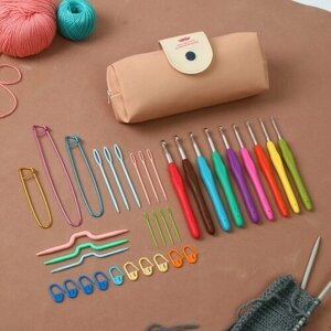 FlowMe Набор для вязания, 35 предметов, в пенале, 20 10,5 4 см, цвет розовый