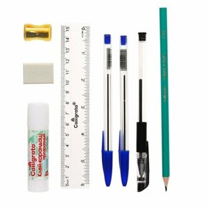 FlowMe Набор канцелярский, детский, 8 предметов: 2 синих ручки, черная гелевая, ластик, точилка, линейка, карандаш ч/г, клей микс
