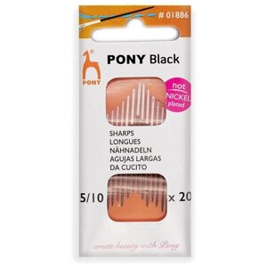 Иглы ручные PONY для шитья BLACK Sharps 01886,5-10, белое ушко, 20 шт