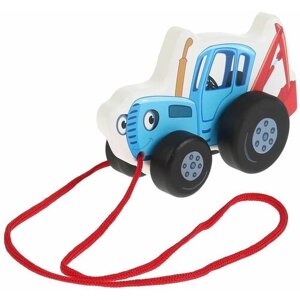 Игрушка деревянная Каталка Синий трактор с веревочкой, 13 см