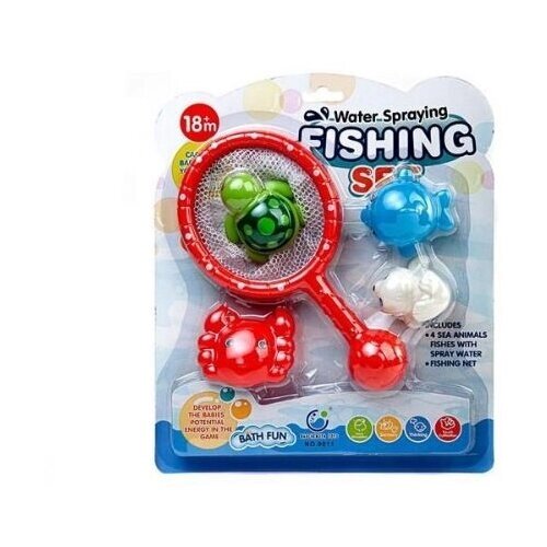 Игрушка для ванной Junfa toys 4 фигурки морских обитателей с сачком, красный/зеленый/синий