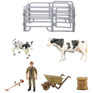 Игрушки фигурки в наборе серии "На ферме", 7 предметов (корова белая с черным, теленок, фермер, ограждение-загон, аксессуары)