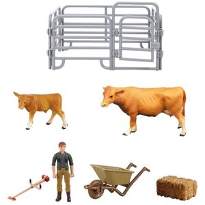 Игрушки фигурки в наборе серии "На ферме", 7 предметов (рыжая корова, теленок, фермер, ограждение-загон, аксессуары)