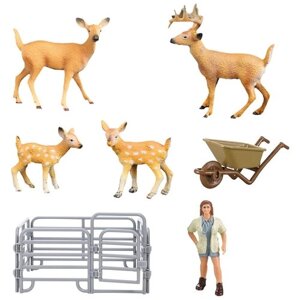 Игрушки фигурки в наборе серии "На ферме", 7 предметов (зоолог, тележка, семья оленей ограждение-загон)