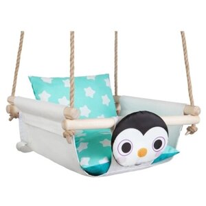 Качели подвесные с подушками Пингвин на снегу, с ремнем безопасности на канате