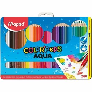 Карандаши акварельные ColorPeps. Aqua 48цв. кисть, трехгр, металл. упак.