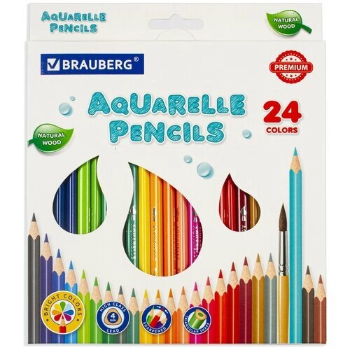 Карандаши цветные акварельные BRAUBERG PREMIUM AQUARELLE, 24 цвета, грифель мягкий 4 мм, 181673 от компании М.Видео - фото 1