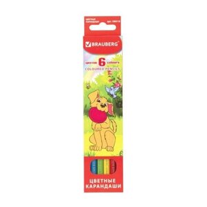 Карандаши цветные BRAUBERG "My lovely dogs", 6 цветов, заточенные, картонная упаковка, 180518 3 уп