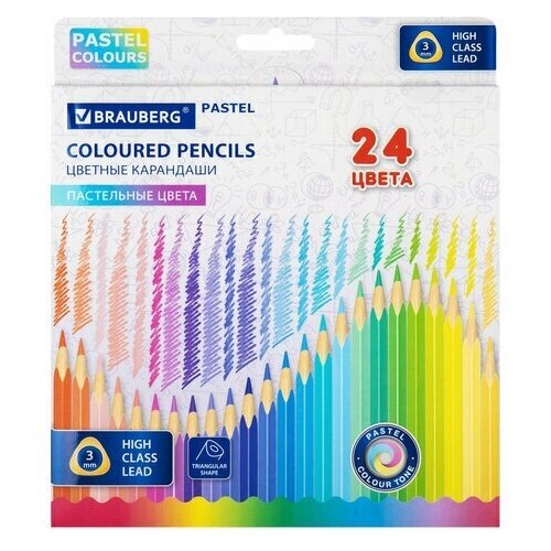 Карандаши цветные BRAUBERG PASTEL, 24 пастельных цвета, трёхгранные, грифель 3 мм, 181851 (арт. 181851) от компании М.Видео - фото 1