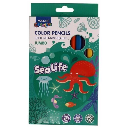 Карандаши цветные деревянные Mazari SEA LIFE, Jumbo, 12 цветов, трехгранный корпус, d грифеля = 4 мм, картонная упаковка с европодвесом от компании М.Видео - фото 1