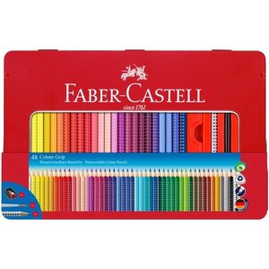 Карандаши цветные Faber-Castell "Grip", 48цв., трехгран., заточ. ч/г кар. Grip+точилка+кисть, метал. коробка