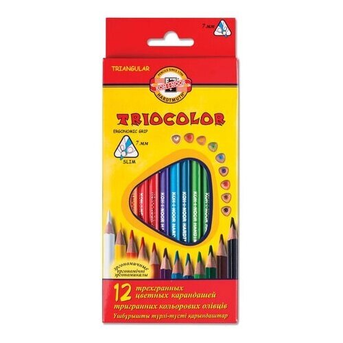 Карандаши цветные KOH-I-NOOR "Triocolor", 12 цветов, трехгранные, грифель 3,2 мм, европодвес, 3132012004KSRU от компании М.Видео - фото 1