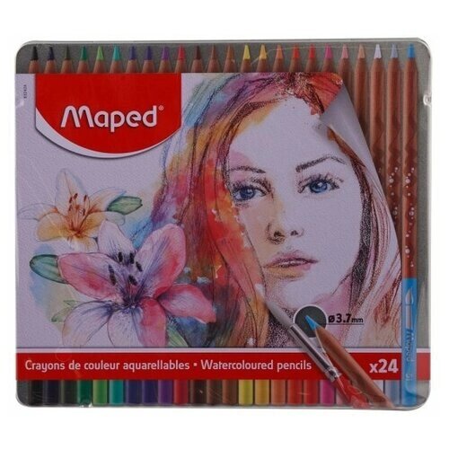 Карандаши цветные Maped Artist акварельные с кисточкой 24 цвета в металлическом футляре от компании М.Видео - фото 1