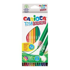 Карандаши цветные стираемые с резинкой CARIOCA "Erasable", 12 цветов, пластик, шестигранные, заточенные, 42897, 2 упаковки