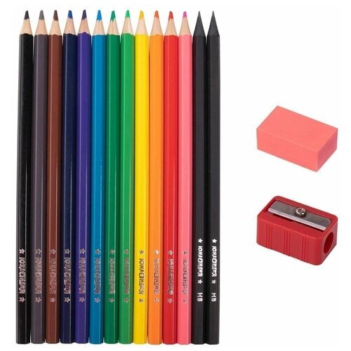 Карандаши цветные юнландия "монстрик", набор 12 цветов + 2 чернографитных карандаша + ластик + точилка, заточенные, шестигранные, 2 шт. от компании М.Видео - фото 1