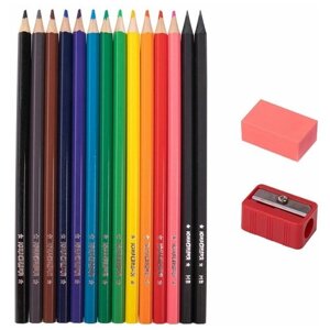 Карандаши цветные юнландия "монстрик", набор 12 цветов + 2 чернографитных карандаша + ластик + точилка, заточенные, шестигранные, 2 шт.
