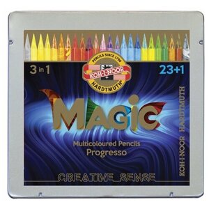 Карандаши с многоцветным грифелем цельнографитные Koh-I-Noor «Progresso Magic 8774», 23шт. карандаш-блендер, заточен, в лаке, металл. коробка