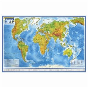 Карта мира Brauberg физическая, 101х66 см, М 1:29, с ламинацией, интерактивная, в тубусе (112378)