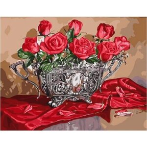 Картина по номерам 000 Hobby Home Алые розы на шелковой скатерти 40х50
