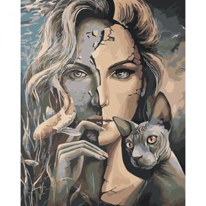 Картина по номерам Девушка с кошкой. Абстракция на стену