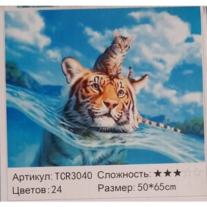 Картина по номерам на подрамнике 50х65 см, Плавающие тигр и кошка