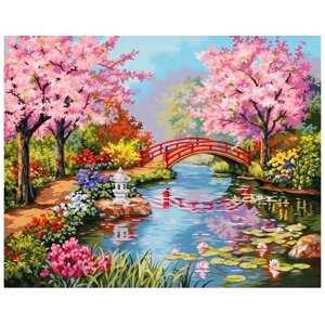 Картина стразами Мост в цветущем саду