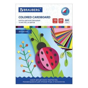 Картон цветной А4 2-цветный мелованный EXTRA 10 листов 20 цветов в папке BRAUBERG 200х290 мм, 5 шт