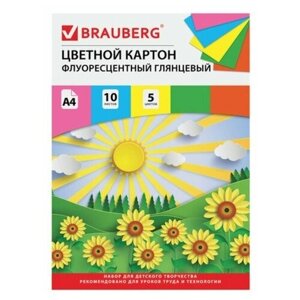 Картон цветной А4 мелованный, флуоресцентный, 10 листов, 5 цветов, в папке, BRAUBERG, «Лето»