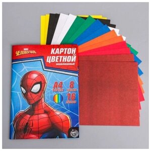Картон цветной немелованный «Супергерой», А4, 16 л, 8 цв, Человек-паук, 220 г/м2