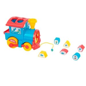 Каталка-игрушка Полесье Паровозик логический Смурфики № 1 (64356), синий/красный/желтый