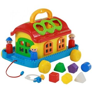 Каталка-игрушка Полесье Сказочный домик на колесиках 48769, красный/желтый/синий