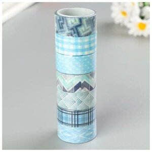 Клейкие WASHI-ленты для декора оттенки синего, 15 мм х 3 м (набор 7шт) рисовая бумага