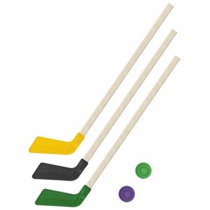 Клюшка детская хоккейная - 3 Клюшки 80 см. (красная, черная, желтая) + 2 шайбы Задира-плюс