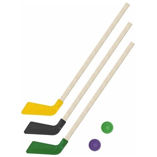 Клюшка детская хоккейная - 3 Клюшки 80 см. (зеленая, черная, желтая) + 2 шайбы Задира-плюс от компании М.Видео - фото 1