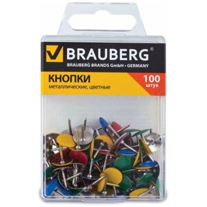 Кнопки канцелярские BRAUBERG, металлические, цветные, 10 мм, 100 шт, в пластиковой коробке, 221114