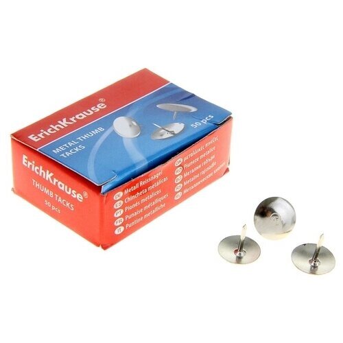 Кнопки канцелярские ErichKrause, никелированные 12 мм, 50 штук./В упаковке шт: 10 от компании М.Видео - фото 1