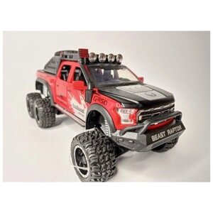 Коллекционная машинка игрушка металлическая Ford Raptor F150 6x6 с дымом для мальчиков масштабная модель 1:24 красная