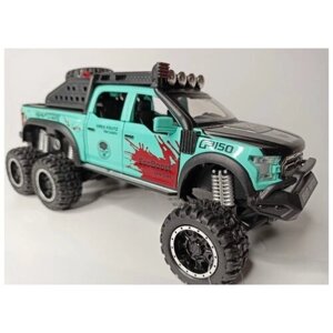 Коллекционная машинка игрушка металлическая Ford Raptor F150 6x6 с дымом для мальчиков масштабная модель 1:24 зеленая