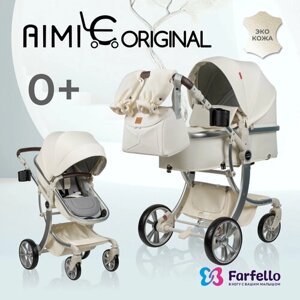 Коляска трансформер 2 в 1 для новорожденных Aimile Original Autumn, Экокожа, Молочный