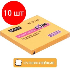 Комплект 10 штук, Стикеры Attache Selection Extra с клеев. краем 76х76, неон, оранж. 100л