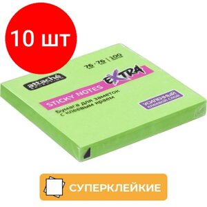 Комплект 10 штук, Стикеры Attache Selection Extra с клеев. краем 76х76, неон, зеленый 100л