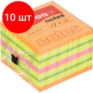 Комплект 10 штук, Стикеры Kores CUBO 50x50мм, смешан. неон. цв (оранж, желт, зелен, роз) 400л 48460