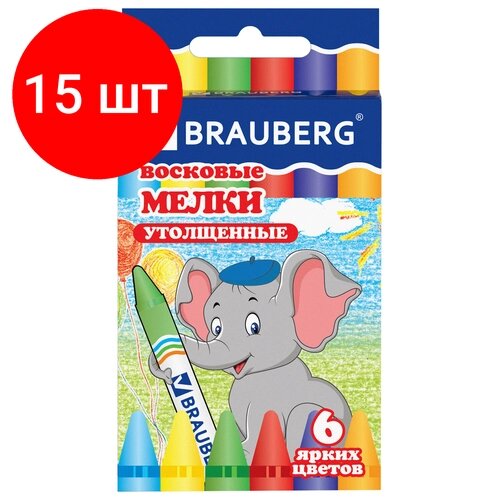 Комплект 15 шт, Восковые карандаши утолщенные BRAUBERG, 6 цветов, 222965 от компании М.Видео - фото 1