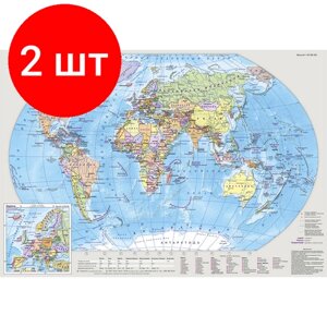 Комплект 2 штук, Карта настольная Мир идвусторонняя 1:80млн, 1:18млн, 0.49х0.34м.