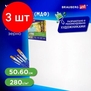 Комплект 3 шт, Холст на картоне (МДФ), 50х60 см, 280 г/м2, грунтованный, 100% хлопок, BRAUBERG ART CLASSIC, 192190