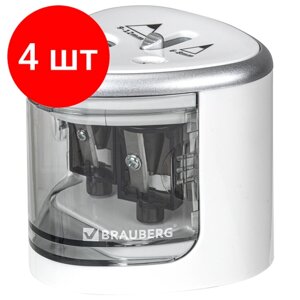 Комплект 4 шт, Точилка электрическая BRAUBERG DUAL (для 2 диаметров карандашей!4 батарейки АА, белая, 270580