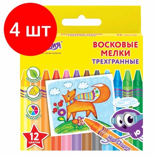 Комплект 4 шт, Восковые карандаши трехгранные юнландия "юнландик И мудрый ЛИС", набор 12 цветов, 227289 от компании М.Видео - фото 1