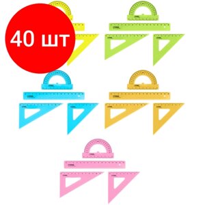 Комплект 40 шт, Набор чертежный СТАММ, размер S (линейка 16см, 2 треугольника, транспортир), прозрачный, неоновые цвета, ассорти, европодвес